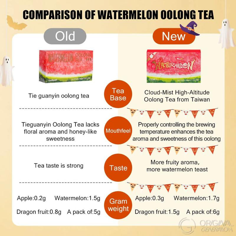BOGO Halloween Limited Edition 2.0 Watermelon Oolong Tea (25% More Flavor) 2 Cartons 120G (1 Carton 6G×10Packs)×2 with Watermelon Dragon Fruit Apple Strawberry Real Fruit Inside